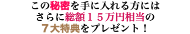 この秘密を手に入れる方には さらに総額１５万円相当の ７大特典をプレゼント！